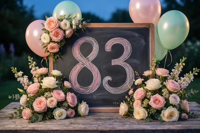 Een krijtbord met 83 in roze krijt staat op een houten tafel tussen roze en witte rozen en pastelballonnen in een tuin bij schemering.