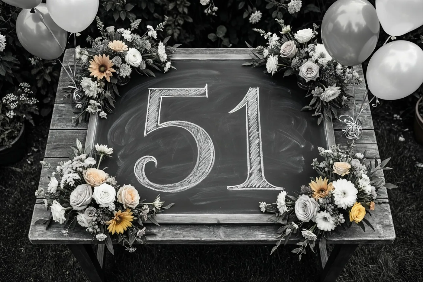 Een krijtbord met 51 in wit krijt staat op een houten tuintafel tussen witte ballonnen en bloemstukken, in een overwegend monochroom beeld met kleur in de bloemen.
