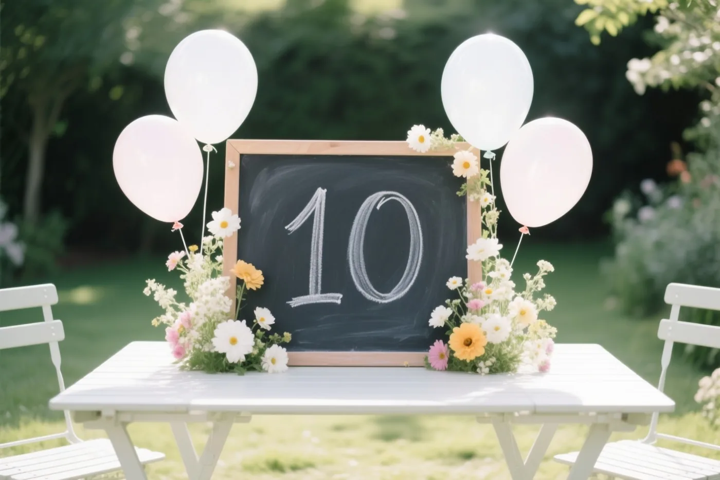 Een krijtbord met het getal 10 staat op een witte tuintafel tussen bloemstukken en witte ballonnen in een zonnige tuin.