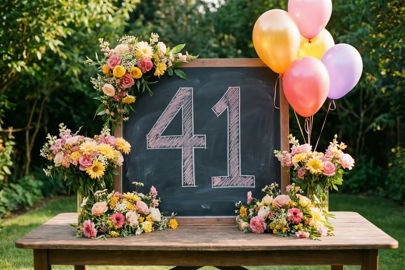 Een krijtbord met 41 in wit krijt staat op een houten tuintafel tussen kleurrijke bloemstukken en ballonnen, met groen op de achtergrond.