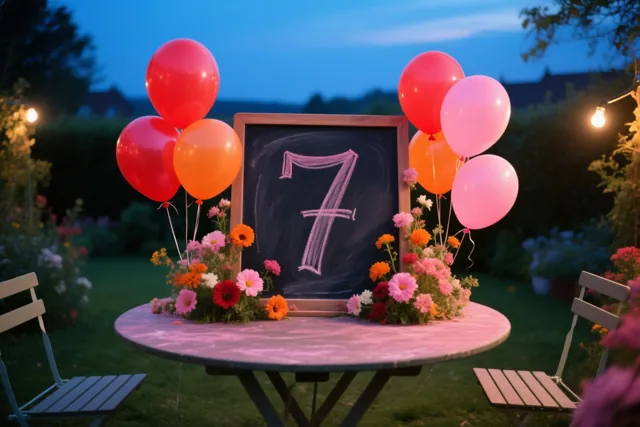 Een krijtbord met een handgeschreven 7 staat op een tuintafel tussen kleurrijke ballonnen en bloemstukken, onder warme lichtslingers in de schemering.