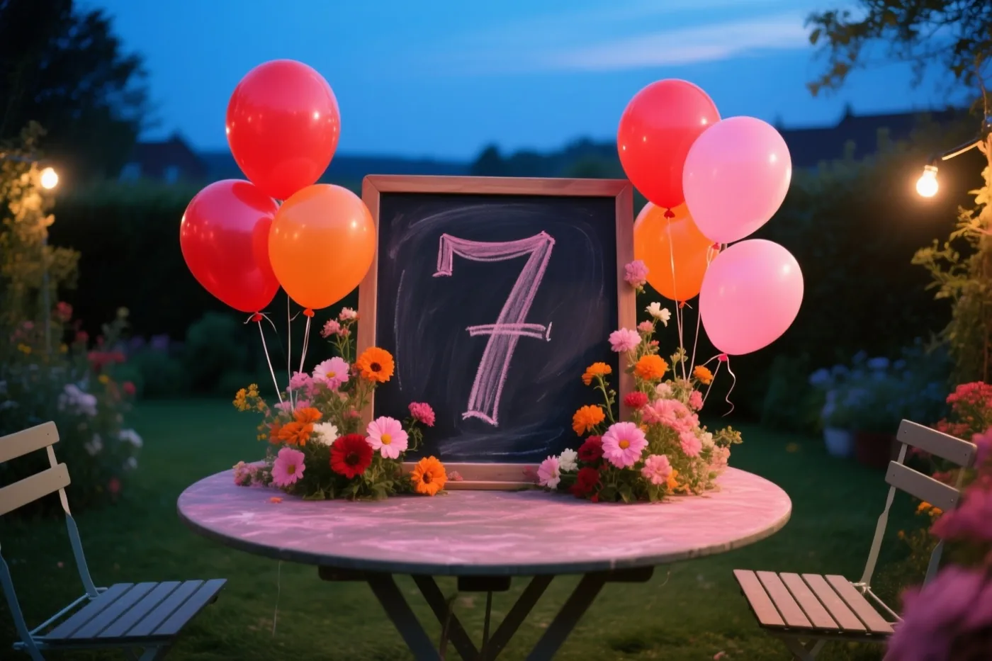 Een krijtbord met een handgeschreven 7 staat op een tuintafel tussen kleurrijke ballonnen en bloemstukken, onder warme lichtslingers in de schemering.