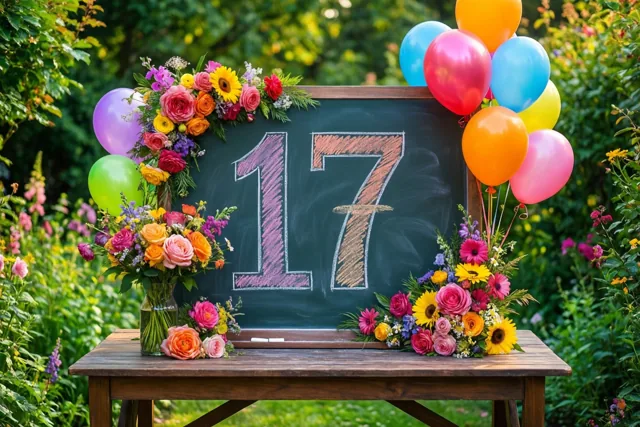 Een krijtbord met 17 in gekleurd krijt staat op een houten tuintafel tussen kleurrijke bloemstukken en ballonnen in een groene tuin.