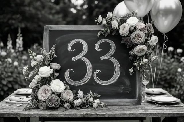 Een zwart-witfoto toont een krijtbord met 33 in wit krijt op een houten tuintafel, tussen bloemstukken en zilverkleurige ballonnen.