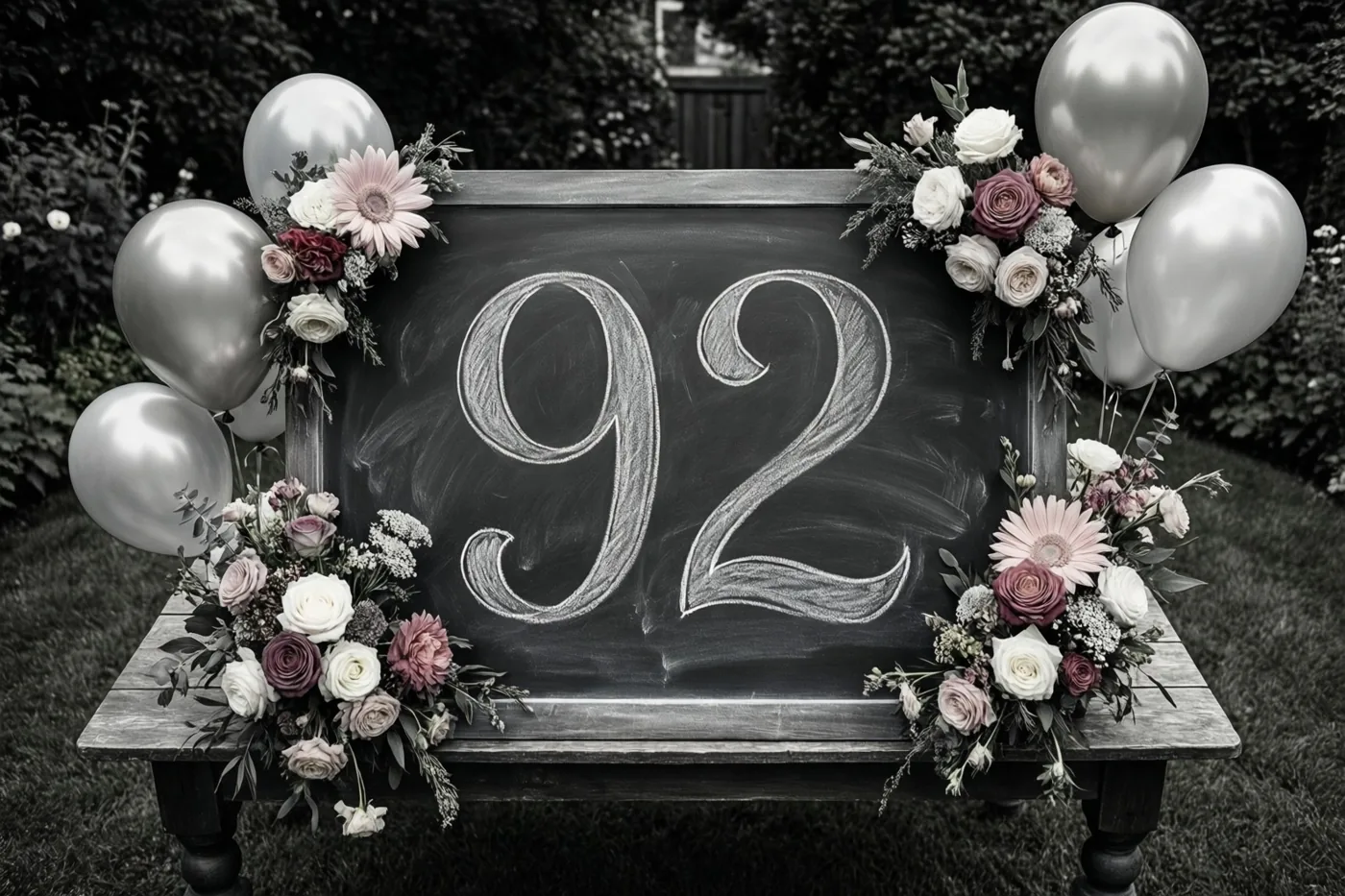 Een krijtbord met 92 in sierlijk wit krijt staat op een houten tuintafel tussen zilveren ballonnen en zachte pastelbloemen in een verder ingetogen kleurenpalet.