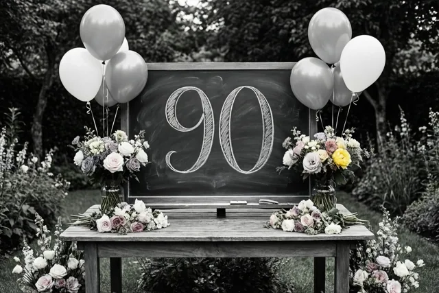 Een krijtbord met een sierlijk geschreven 90 staat op een houten tuintafel tussen bloemstukken en zilveren en witte ballonnen, met bomen op de achtergrond.