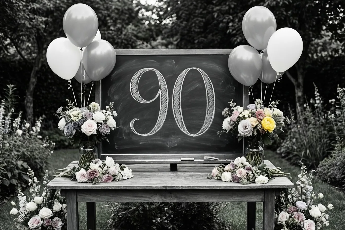 Een krijtbord met een sierlijk geschreven 90 staat op een houten tuintafel tussen bloemstukken en zilveren en witte ballonnen, met bomen op de achtergrond.