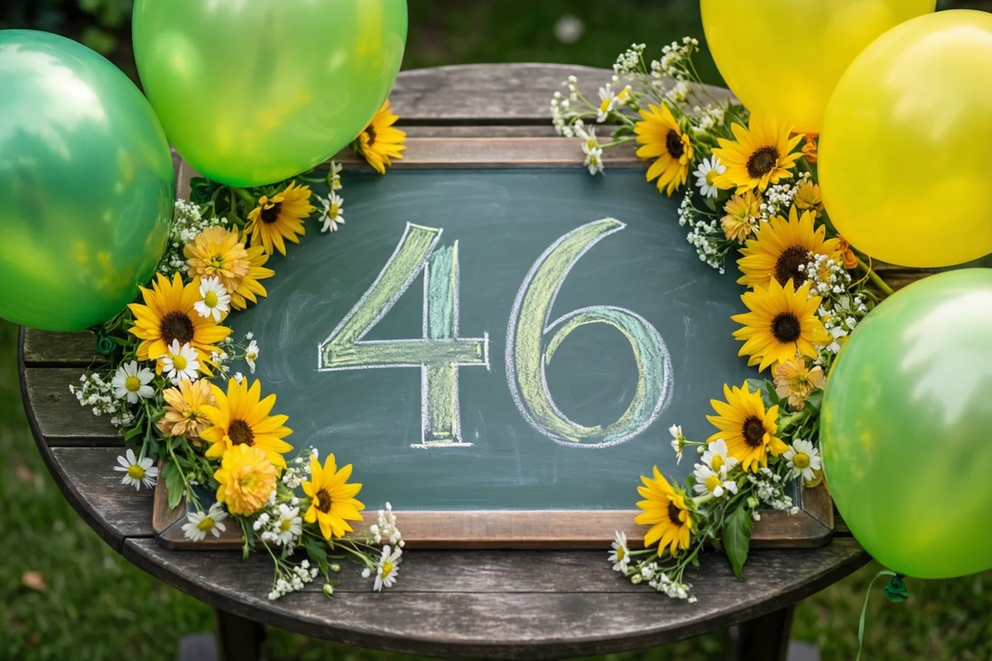 Een krijtbord met 46 in groen krijt staat op een houten tuintafel tussen gele zonnebloemen, witte madeliefjes en groene en gele ballonnen.