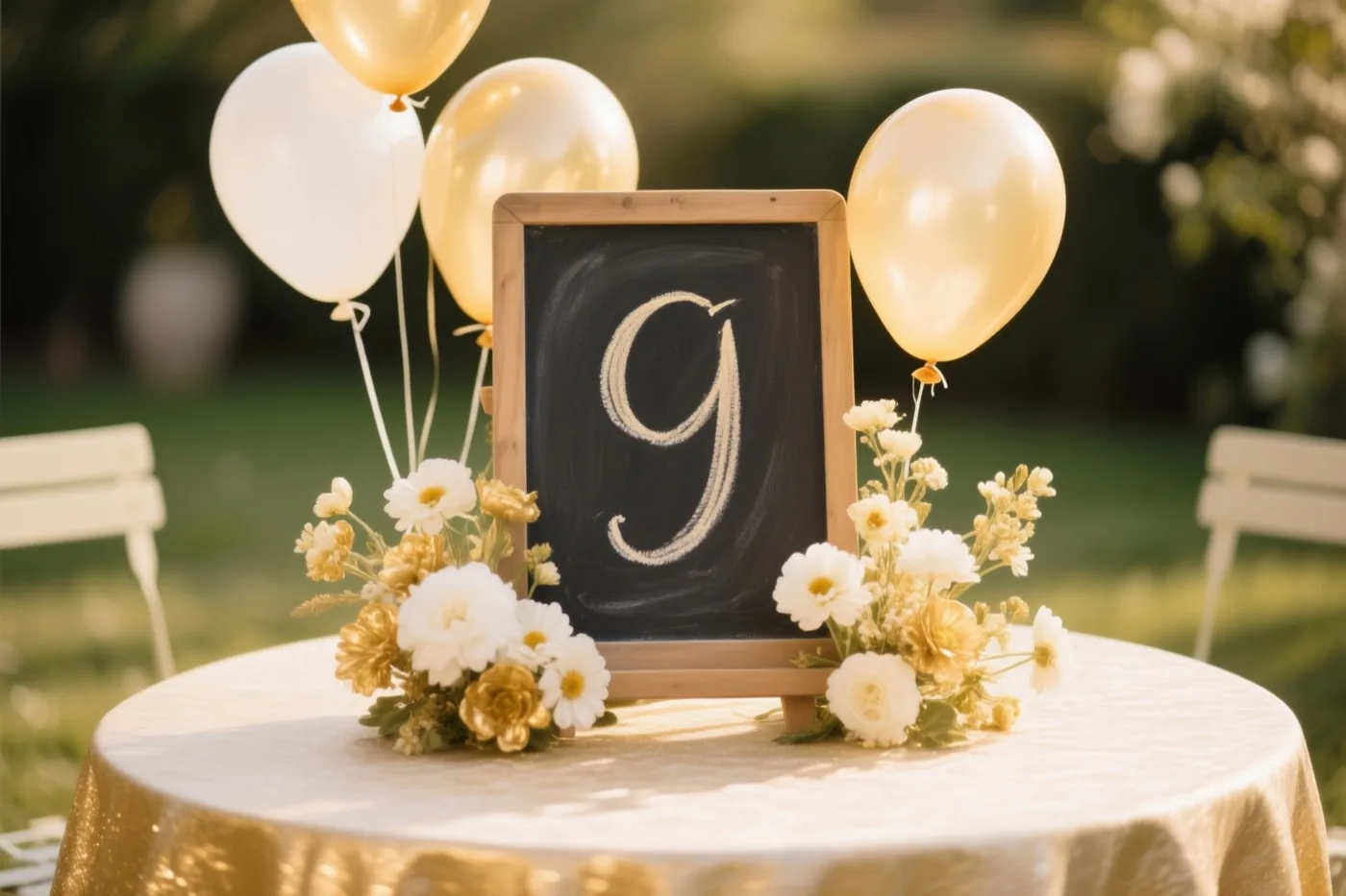 Een klein krijtbord met een handgeschreven 9 staat op een ronde tuintafel met een goudkleurig tafelkleed, omringd door witte en gouden bloemen en ballonnen in een zonnige tuin met witte stoelen.
