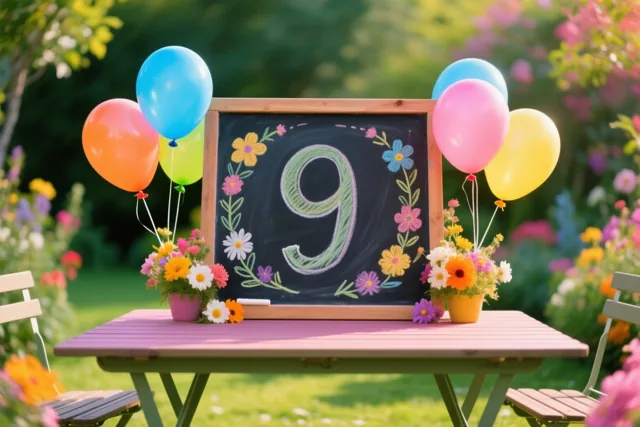 Een krijtbord met een handgeschreven 9 en kleurrijke bloemen staat op een roze tuintafel tussen ballonnen in een zonnige tuin met bloemen en groen.