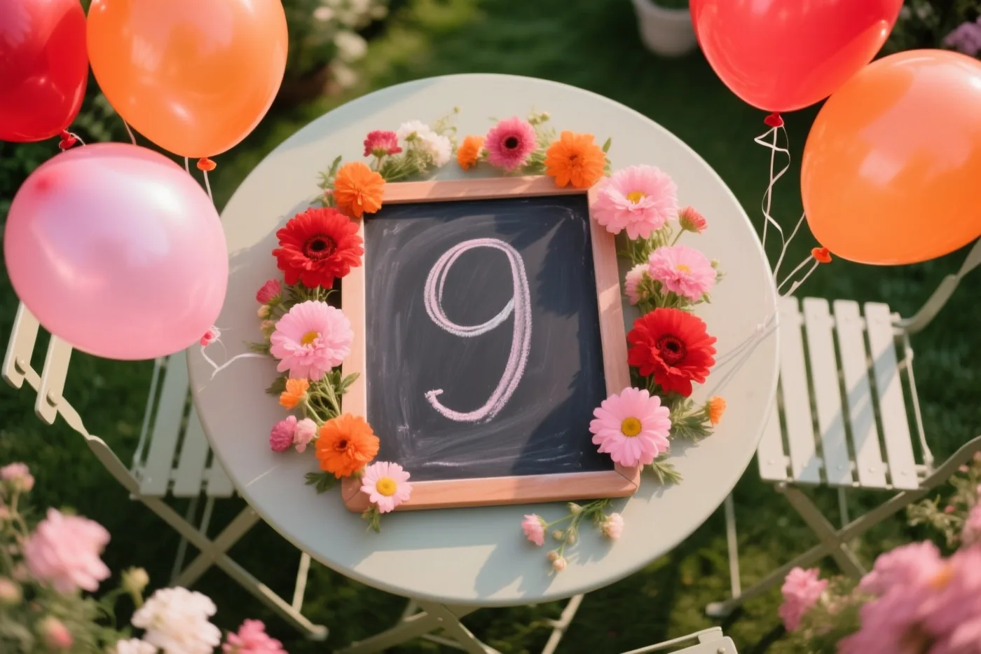 Een krijtbord met een handgeschreven 9 staat op een tuintafel tussen kleurrijke bloemen en ballonnen, met witte stoelen en groen gras op de zonnige achtergrond.