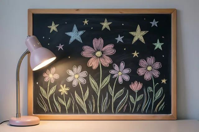 Op een wit oppervlak staat een krijtbord met een licht houten kader en gekleurde bloemen en sterren, verlicht door een roze bureaulamp.