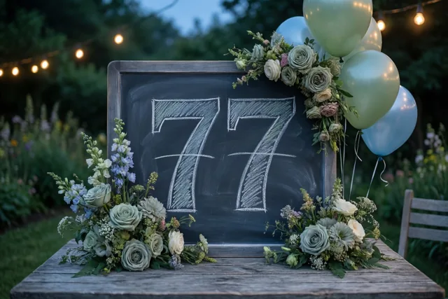 Een krijtbord met 77 in wit krijt staat op een houten tuintafel tussen bloemstukken en ballonnen, met lichtslingers in de schemering.
