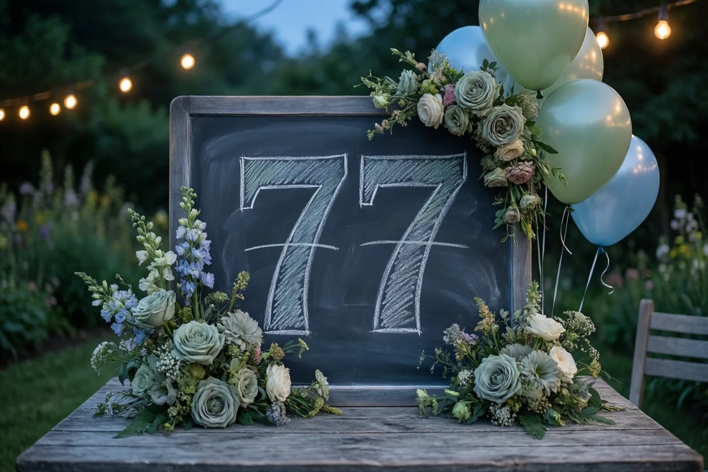 Een krijtbord met 77 in wit krijt staat op een houten tuintafel tussen bloemstukken en ballonnen, met lichtslingers in de schemering.