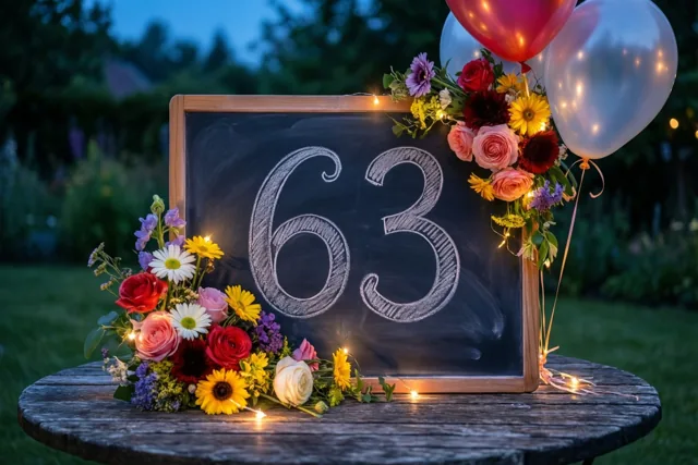 Een krijtbord met 63 in wit krijt staat op een houten tuintafel tussen kleurrijke bloemen en ballonnen, verlicht door lichtslingers in de schemering.