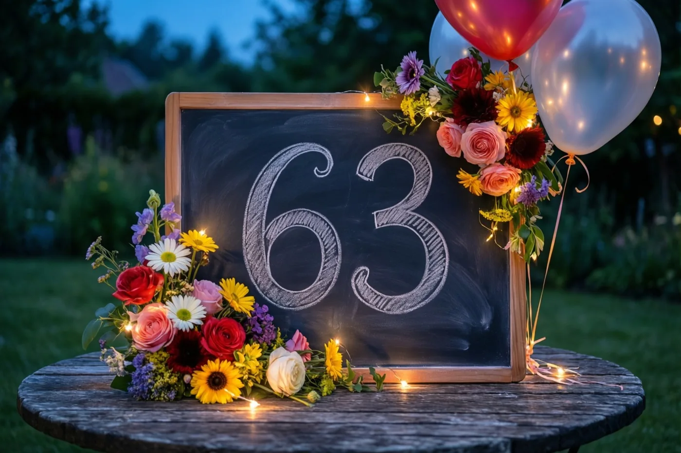 Een krijtbord met 63 in wit krijt staat op een houten tuintafel tussen kleurrijke bloemen en ballonnen, verlicht door lichtslingers in de schemering.