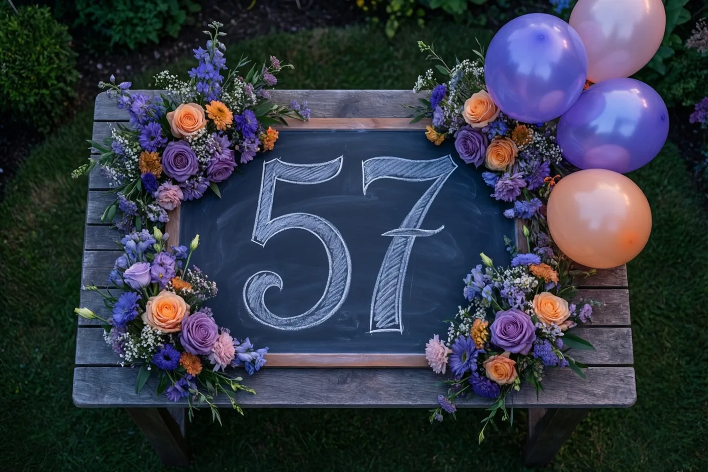 Een krijtbord met 57 in wit krijt staat op een houten tuintafel op het gras, omringd door bloemstukken en ballonnen.