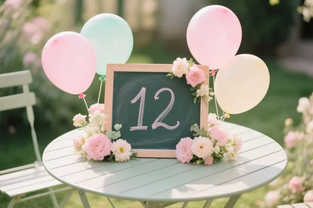 Een krijtbord met het getal 12 staat op een lichtgroene tuintafel tussen roze en witte bloemen en pastelballonnen in een zonnige tuin.