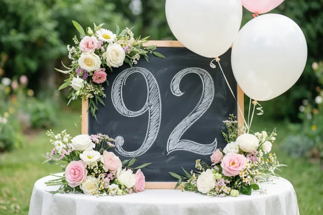 Een krijtbord met 92 in wit krijt staat op een tuintafel tussen bloemstukken en ballonnen, met groen op de achtergrond.