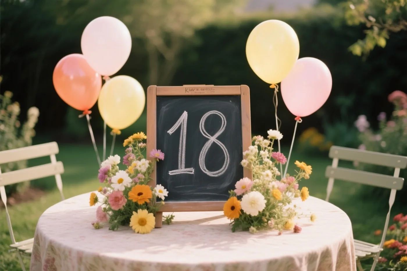 Een krijtbord met 18 in wit krijt staat op een tuintafel met een gebloemd tafelkleed, omringd door kleurrijke bloemen, ballonnen en stoelen in de zon.