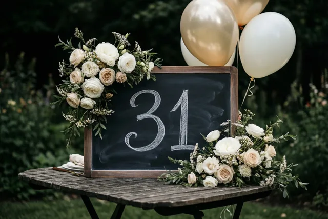 Een krijtbord met 31 in wit krijt staat op een houten tuintafel tussen bloemstukken en ballonnen, met groen gebladerte op de achtergrond.