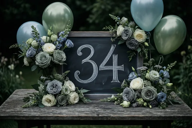 Een krijtbord met 34 in wit krijt staat op een landelijke houten tafel in een tuin, tussen bloemstukken en ballonnen tegen een donkere, onscherpe achtergrond.