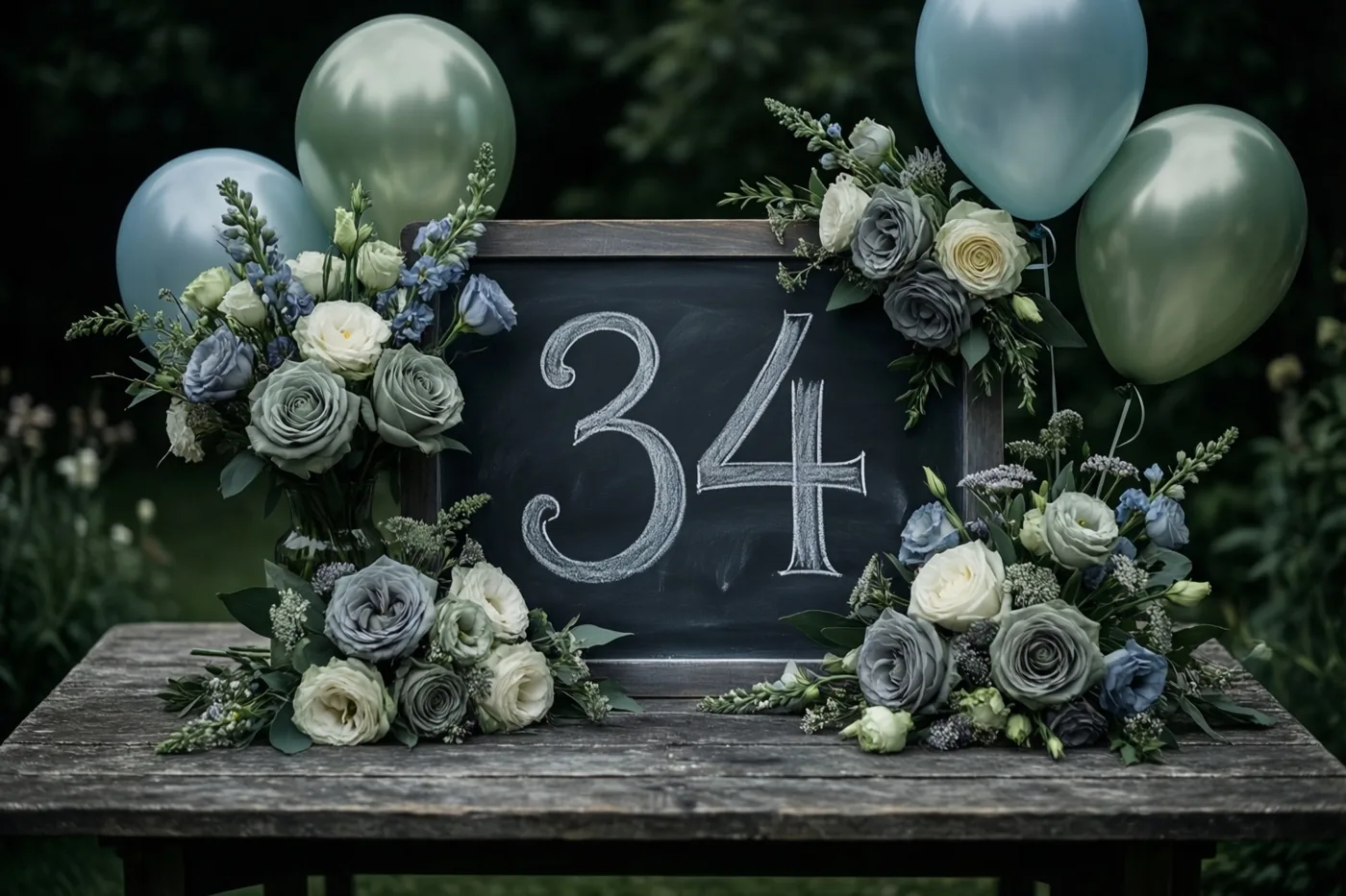 Een krijtbord met 34 in wit krijt staat op een landelijke houten tafel in een tuin, tussen bloemstukken en ballonnen tegen een donkere, onscherpe achtergrond.
