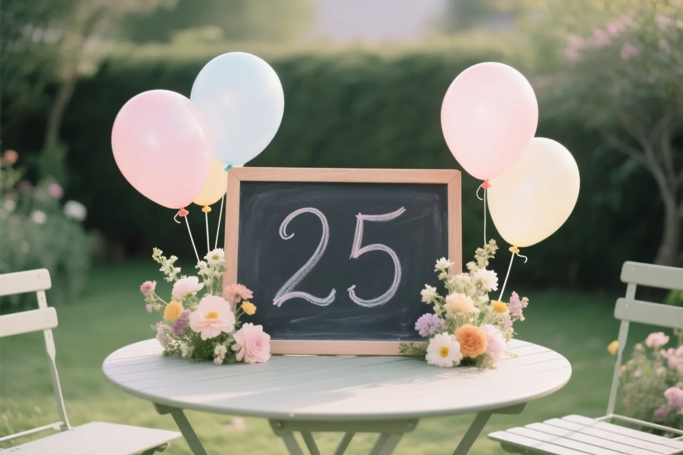 Een krijtbord met 25 in wit krijt staat op een lichtgroene tuintafel tussen pastelballonnen en bloemstukken in een zonnige tuin met stoelen.