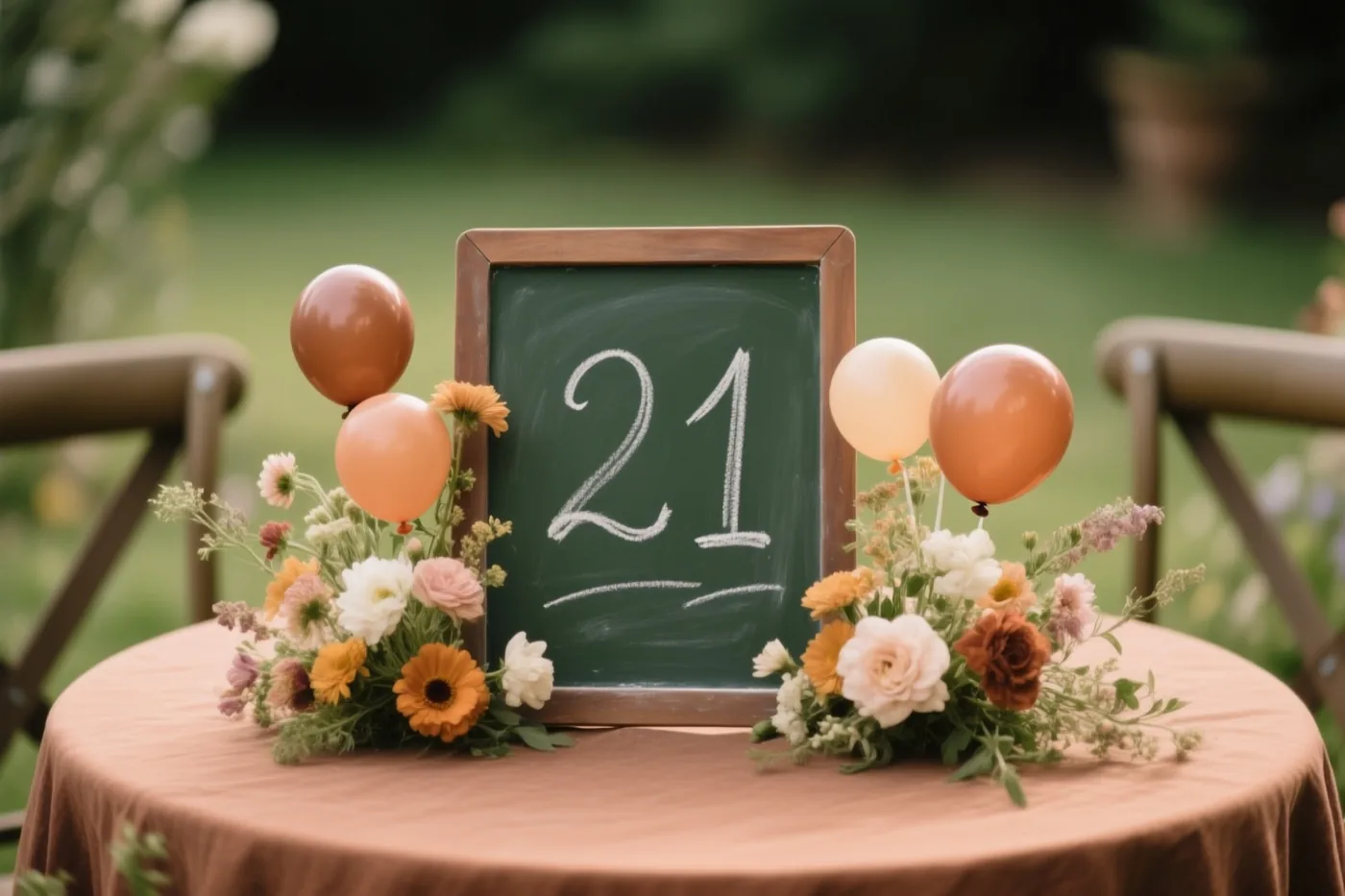 Een krijtbord met 21 in wit krijt staat op een ronde tafel met een bruin tafelkleed, tussen bloemstukken en ballonnen in een tuin met stoelen.