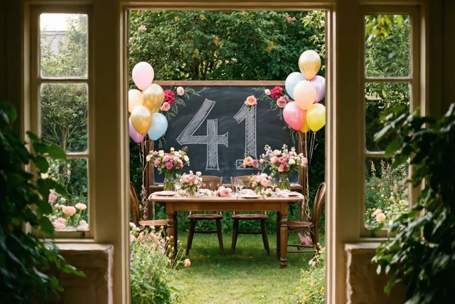 Door een raam is een houten tuintafel zichtbaar met een krijtbord met 41, bloemen en ballonnen, omringd door weelderig groen.