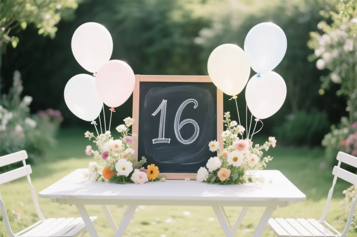 Een krijtbord met het getal 16 staat op een witte tuintafel tussen bloemstukken en ballonnen in een zonnige tuin.