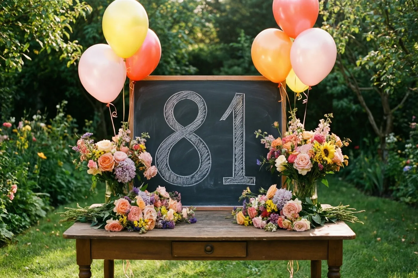 Op een houten tuintafel staat een krijtbord met 81 tussen kleurrijke bloemstukken en ballonnen, met groen in de zonnige achtergrond.