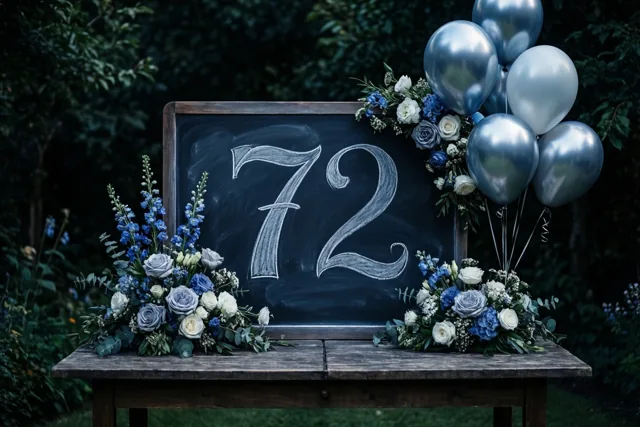 Een krijtbord met 72 in wit krijt staat op een houten tuintafel tussen blauwe en witte bloemstukken en zilveren ballonnen.