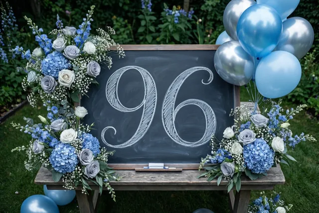 Een krijtbord met een sierlijk geschreven 96 staat op een houten tuintafel tussen blauwe en witte bloemstukken en blauwe ballonnen, met gras en groen eromheen.