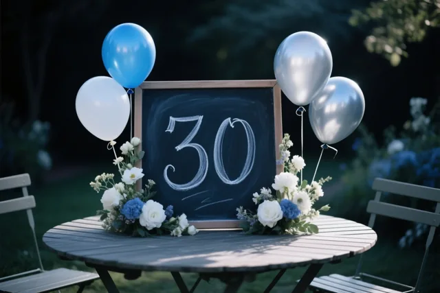Op een houten tuintafel staat een krijtbord met 30 in wit krijt, omringd door witte en blauwe bloemen en ballonnen, met stoelen in de tuin.