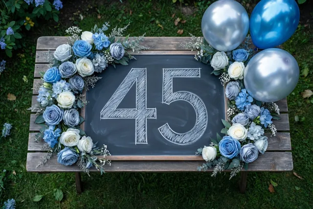 Een krijtbord met 45 in wit krijt staat op een houten tuintafel tussen blauwe en witte rozen en ballonnen, met groen gras rondom.
