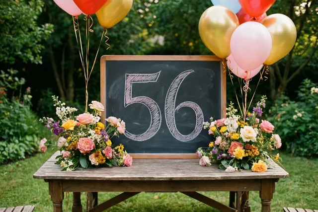 Een krijtbord met 56 in wit krijt staat op een houten tuintafel tussen twee bloemstukken en groepjes kleurrijke ballonnen in een groene tuin.