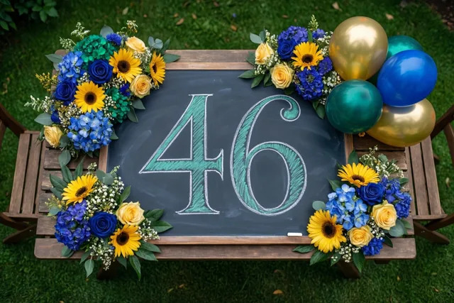 Een krijtbord met 46 in blauwgroen en wit krijt staat op een houten tuintafel tussen kleurrijke bloemstukken en ballonnen op een groen gazon.