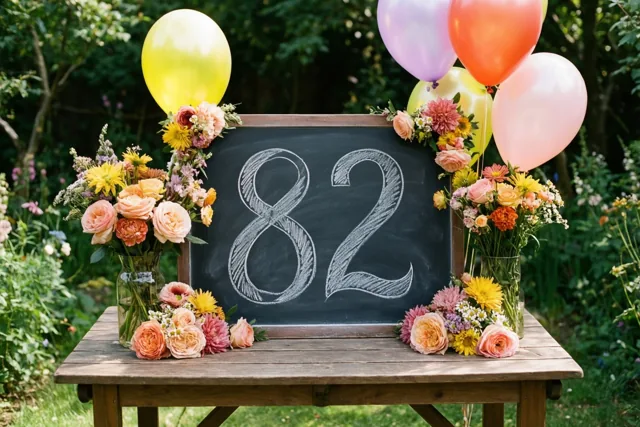 Op een houten tuintafel staat een krijtbord met 82 in wit krijt, omringd door vazen met kleurrijke bloemen en ballonnen in een groene tuin.