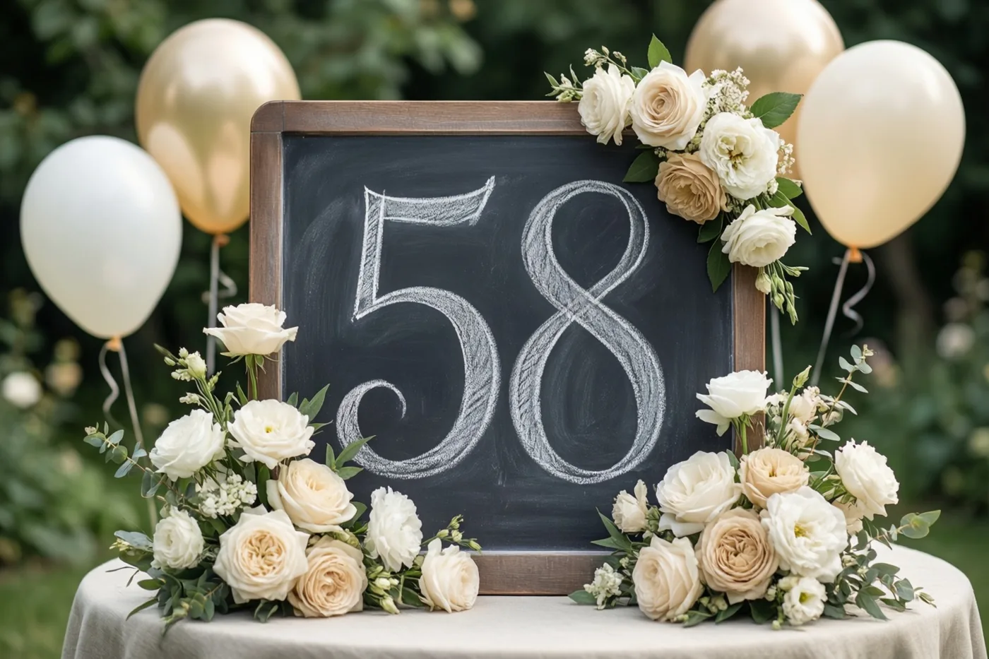 Een krijtbord met het getal 58 in wit krijt staat op een tuintafel tussen bloemstukken en ballonnen, met onscherp groen op de achtergrond.