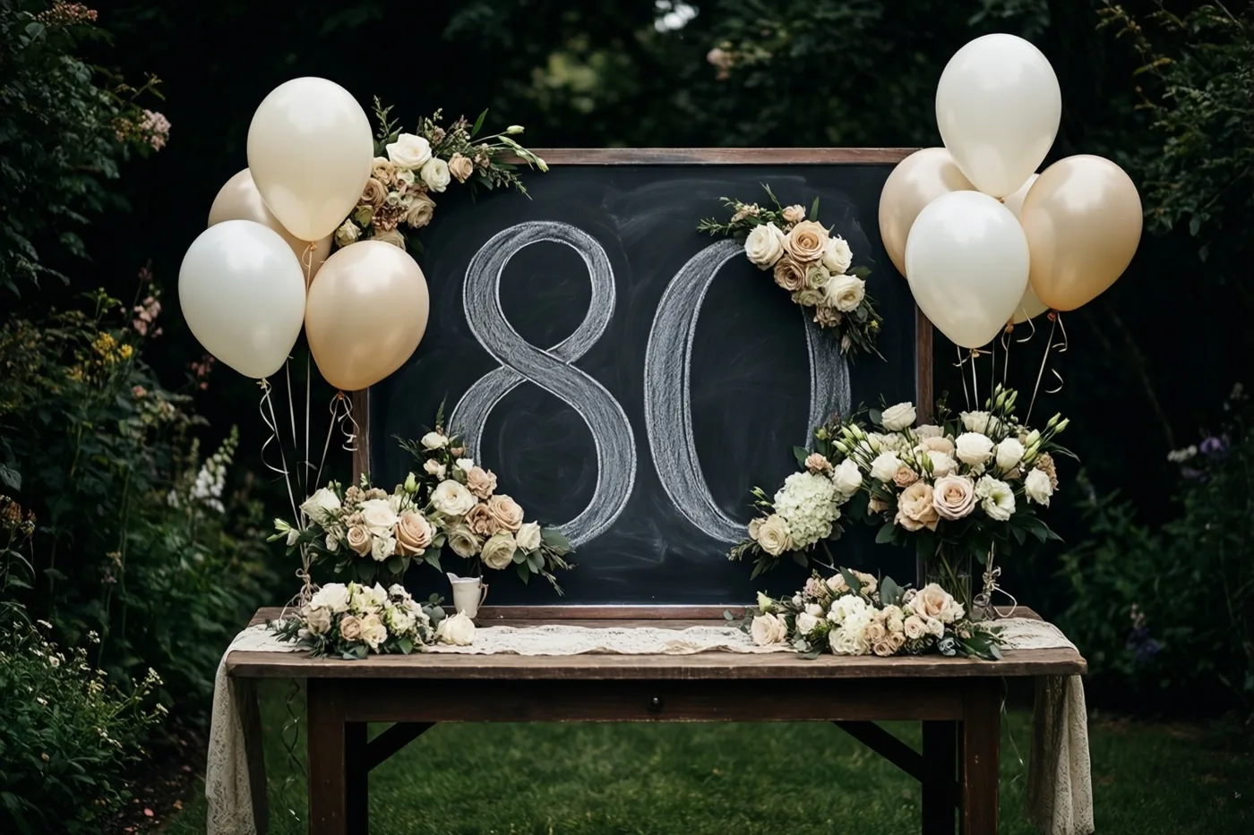 Een krijtbord met het getal 80 in grote witte krijtcijfers staat op een houten tuintafel, omringd door bloemstukken en crèmekleurige en gouden ballonnen in een weelderig groene tuin.