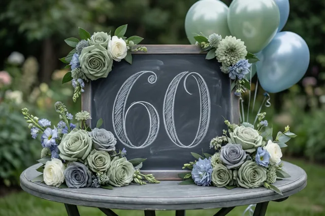 Een krijtbord met 60 in wit krijt staat op een tuintafel tussen bloemstukken en ballonnen, tegen een onscherpe achtergrond in groen, blauw en wit.