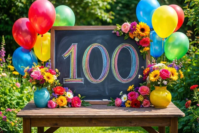 Een krijtbord met 100 in gekleurd krijt staat op een houten tuintafel tussen bloemen en ballonnen in een zonnige, groene tuin.