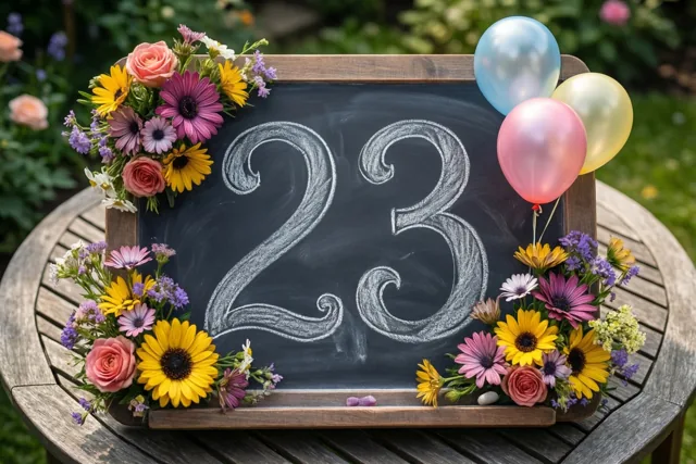 Een krijtbord met 23 in wit krijt staat op een houten tuintafel met bloemen en ballonnen in vooral geel, roze en paars.