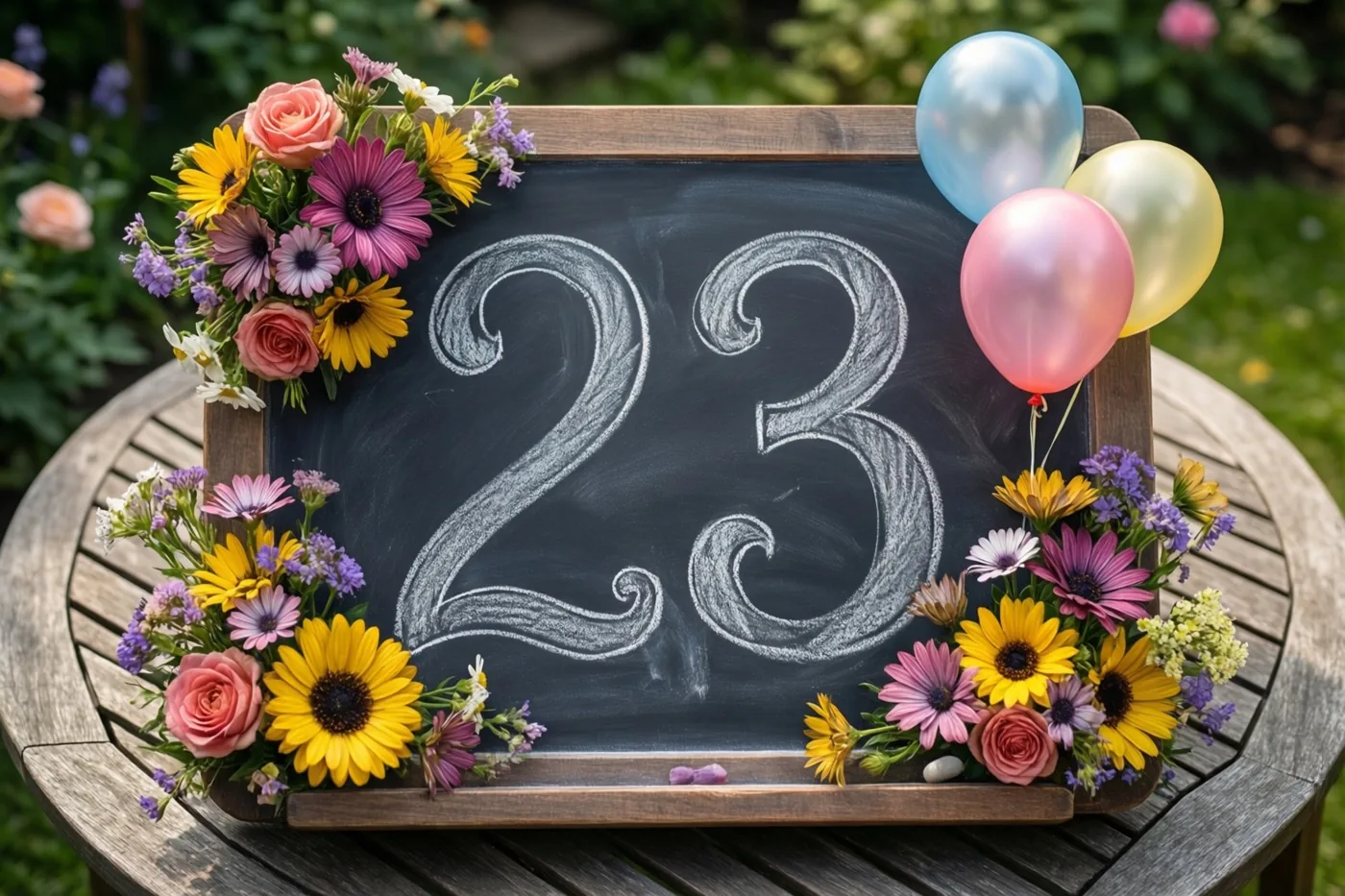 Een krijtbord met 23 in wit krijt staat op een houten tuintafel met bloemen en ballonnen in vooral geel, roze en paars.