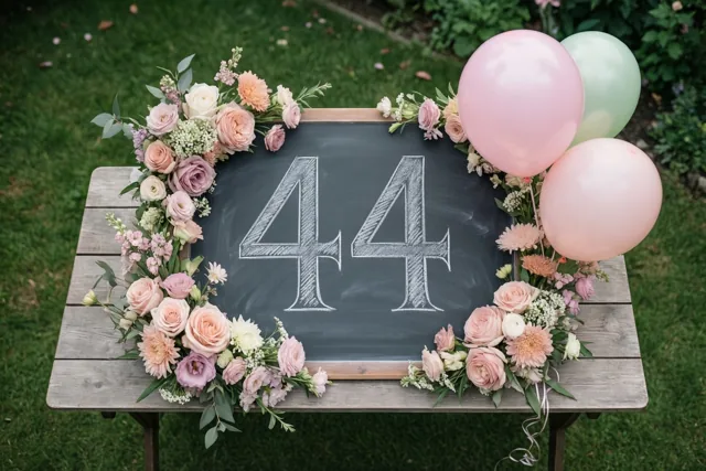 Een krijtbord met 44 in wit krijt staat op een houten tuintafel op het gras, omringd door bloemen en ballonnen.
