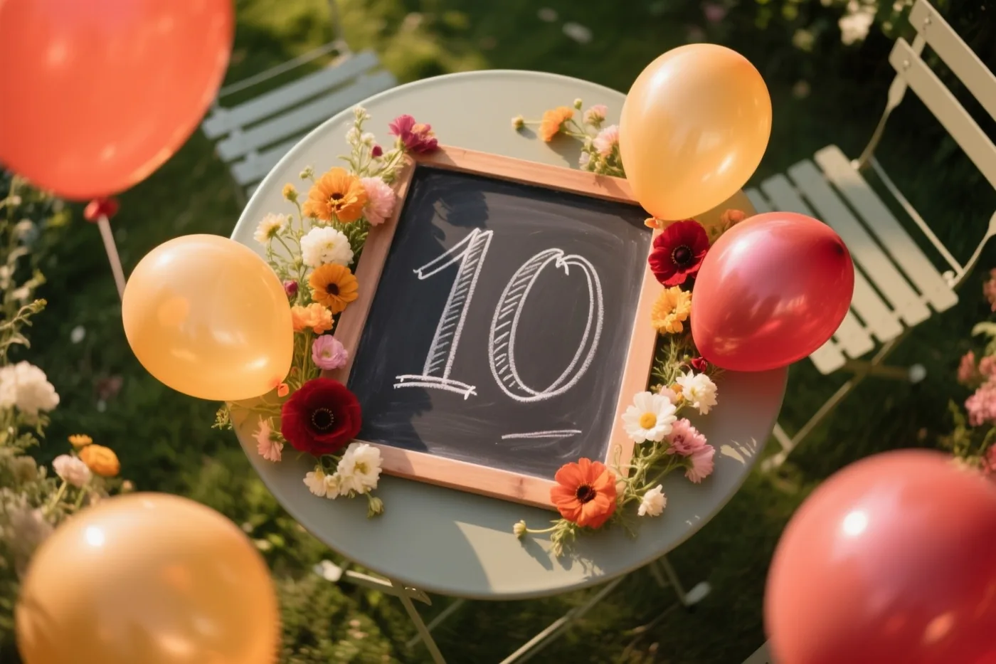 Een krijtbord met het getal 10 staat op een tuintafel tussen kleurrijke bloemen en ballonnen, met gras en witte stoelen op de achtergrond.