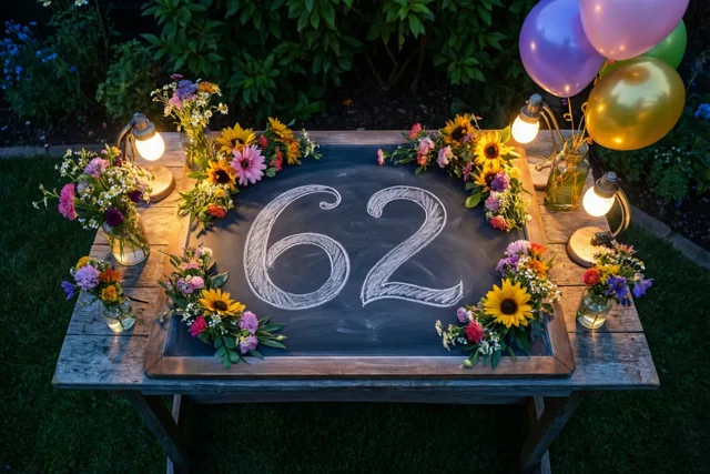 Een krijtbord met 62 in wit krijt staat op een houten tuintafel tussen kleurrijke bloemstukken en brandende lampen, met ballonnen in de schemerige achtergrond.