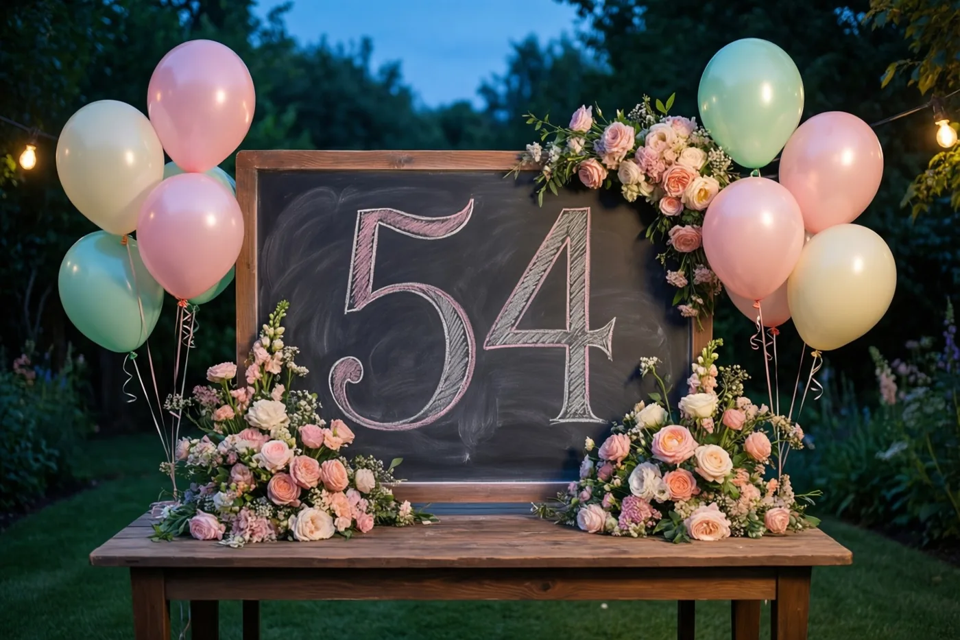Een krijtbord met het sierlijk geschreven getal 54 staat op een houten tuintafel tussen roze en pastelkleurige ballonnen, bloemstukken en lichtsnoeren bij schemering.