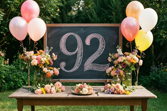 Een krijtbord met 92 staat op een houten tuintafel tussen bloemstukken en ballonnen in zachte roze, gele en groene tinten.